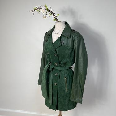 Vintage 1990s 2000s Y2k Green Suede Leather Trench Coat Jacket Belted Double Breasted 