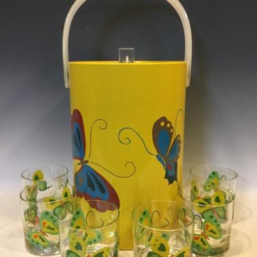 MCM Retro Yellow Ice Bucket with Butterflies And Set Of 6 Butterfly Glasses, retro kitchen decor, summer picnic glasses, summer glasses 
