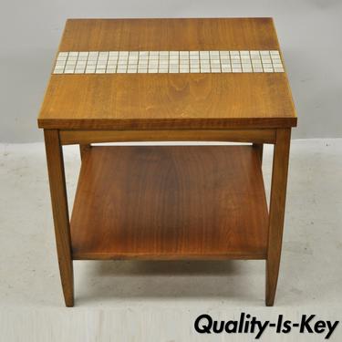 Vintage Mid Century Modern Lane Walnut Tile Top Square Two Tier Side End Table