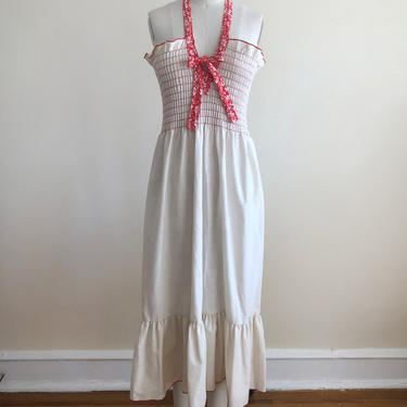 Red and Cream Floral-Trimmed Halter Dress with Shirred Bust - 1970s 