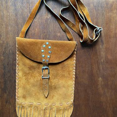 Vintage Tan Suede Small Crossbody Bag Handmade Boho Purse with Fringe 
