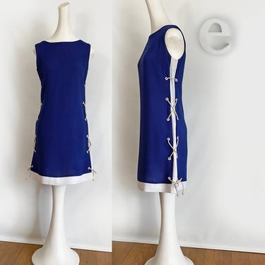 Vintage 60s Nautical Rockabilly Dress • 1960s Sailor Rope & Grommet Trim Linen Shift Dress Bright Navy Blue + White • Size Medium Allegro 