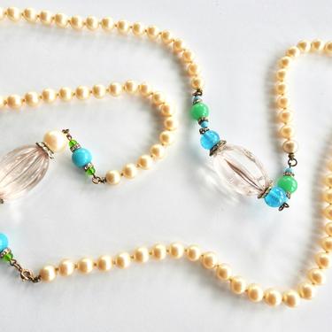Clear and Turquoise Lucite Faux Pearl Necklace with Rhinestones 