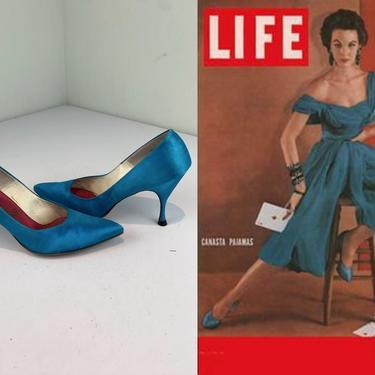 Those Arabian Nights - Vintage 1950s 1960s Teal Turquoise Blue Satin High Heel Stiletto Dress Heels - 7A 