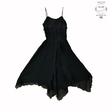 FERRALI - Black Vintage Scarf Hem Designer Dress, 1970's Stevie Nicks Ossie Clark style Sheer Party Dress, Evening Dress Disco Hippie Boho 
