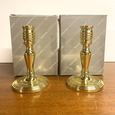 Vintage Baldwin Brass Round Base Candlesticks 7285 5&amp;quot; with Boxes Pair 