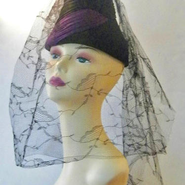 Vintage 1940s Black Fez Women's Tilt Hat Pleated Purple &amp; Black Wrap Long Full Veil Made in U.S.A. Union Made Millinery WWII Women's Fashion 