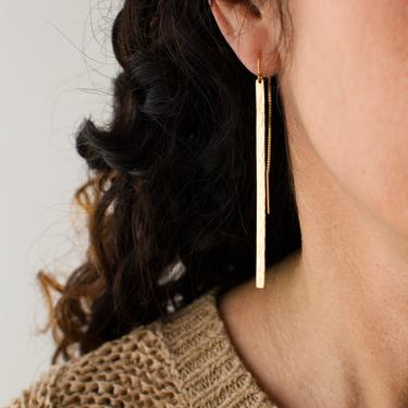 Long Hammered Bar Earrings, Gold Bar Threader Earrings, Long Dangle Earrings, 2.5