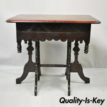 Antique Eastlake Victorian Aesthetic Movement Carved Walnut 6 Leg Parlor Table