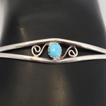 Dainty 70's sterling turquoise Southwestern cuff, simple handmade 925 silver blue stone cab tribal hippie bracelet 
