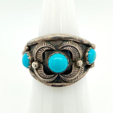 Vintage Artisan Nakai Navajo 3 Stone Turquoise Sterling Silver Ring Sz 7.25 Signed 