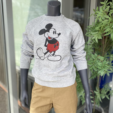 DISNEY CASUALS Vintage 1990s Mickey Mouse Crew Neck Raglan Sleeve Pullover Sweatshirt - Adult Size M - Heather Gray 