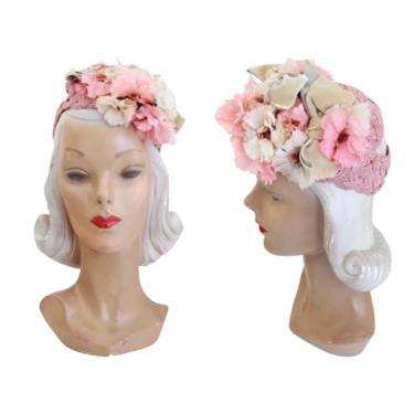 1940s Pink Tilt Hat - 1940s Pink Hat - Womens Pink Hat - 1940s Floral Hat - 1940s Flower Hat - 1940s Tilt Hat  - 1940s Headband 