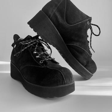 1970'S Wedge Platform Boots - Black Suede with White Top Stitched Details - Coin Pocket  - Mens Size 9-1/2 to 10 