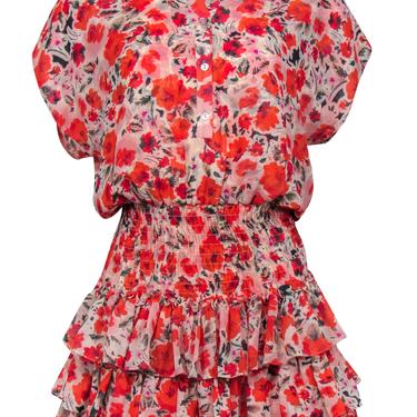 MISA Los Angeles - Pink & Red Floral Print Cap Sleeve Ruffled Dress Sz S