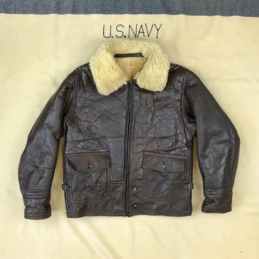Size 38 Vintage 1940s US Navy M-445A Shearling Leather Heavy Winter Bomber Jacket by H.L.B. Corp. NY 