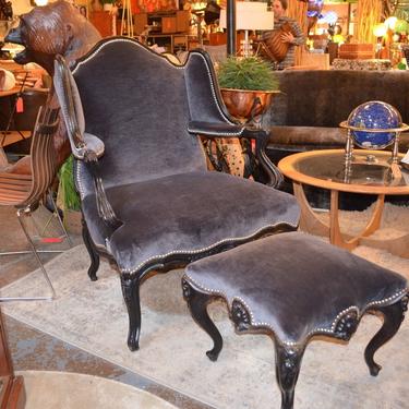 Antique Victorian Wingback Black Velvet Armchair with Matching Ottoman