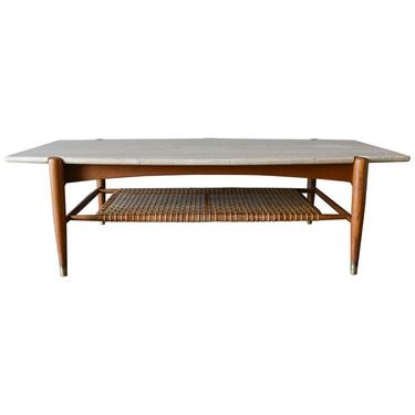 Travertine, Oak and Cane Coffee Table by DUX, circa 1965