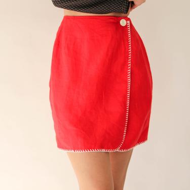 Vintage 90s Bloomingdales Red Linen Mini Wrap Skirt w/ White Catch Stitch Hemline | 100% Linen | UNWORN W/ Tags | 1990s Designer Mini Skirt 