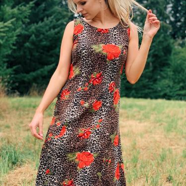 Vintage Maxi Dress / Floral Rose and Cheetah Print 