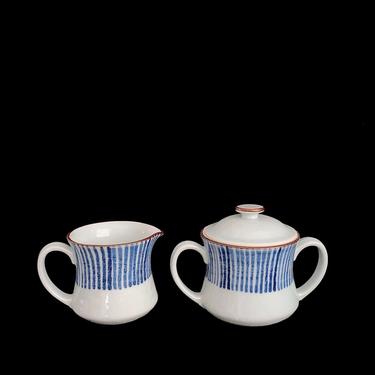 Vintage 1970s Modern  Fitz and Floyd Japanese Pottery Creamer and Sugar Bowl with Blue Stripe Design 