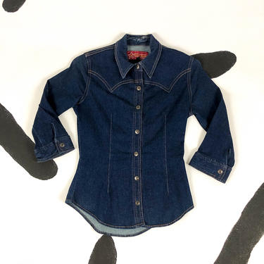 90s Fever Jeans Stretch Denim Snap Front Fitted Three Quarter Length Shirt / Blouse / Button Down / Western / Dark Wash / Small / y2k / 00s 