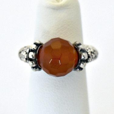 80's carnelian sterling handmade hippie stretch stackable ring, unusual funky red stone &amp; 925 silver daisy spacers boho band, resting size 6 