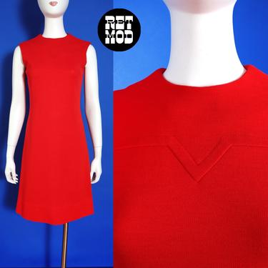 ICONIC Vintage 60s 70s Bright Red Atomic Pierre Cardin Style Sleeveless Knit Dress 