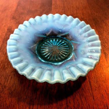 Vintage Opalescent Blue Glass Beaded Flower Buds Ruffled Dish 