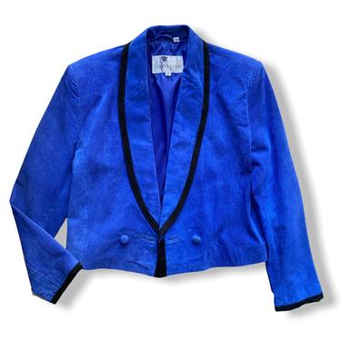Vintage Royal Blue Suede Double Breasted Blazer with Black Trim Size Medium 