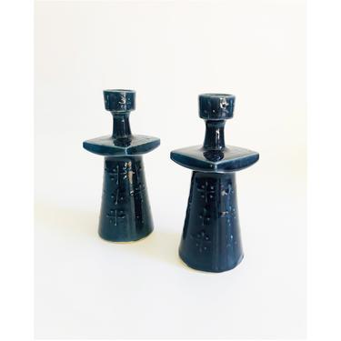 Mid Century Blue Pottery Candle Holders / Set of 2 