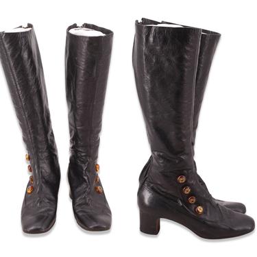 60s sz 7 black leather go go boots  / vintage 1960s knee high ITALY hippy mod low heel 70s RARE 