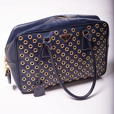 PRADA Limited Edition Grommet Bauletto Shoulder Bag with Lock and Key Navy Gold Studded Tessuto Vela Tote 