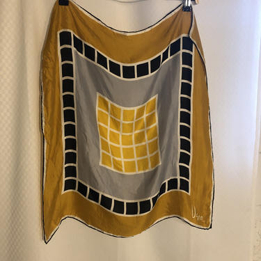 Vera scarf geometric silk hand rolled edge black gold yellow grey square vintage 