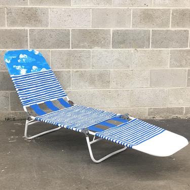 Vintage Vinyl Chaise Lounge Retro 1990s Lawn Furniture + Blue and White + Stripe + Cloud Print + Folds Up + Outdoor Seating + Pool + Beach 
