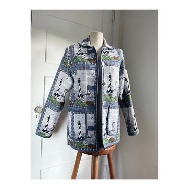 1990s Lighthouse & Sailboats Print All-Over Tapestry Jacket- size small 