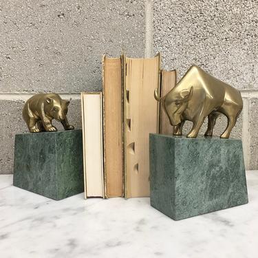 Vintage Bookends Retro 1980s Gatco + Bull and Bear of Wall Street + Brass + Marble + Paperweights + Book Organization + Shelving Decor 