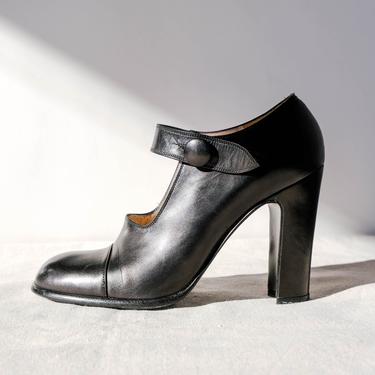 Vintage Via Spiga Black Cap Toe Mary Jane Chunky Heel Shoes | Made in Italy | Size 7B | 100% Genuine Leather | 1990s Italian Designer Heels 
