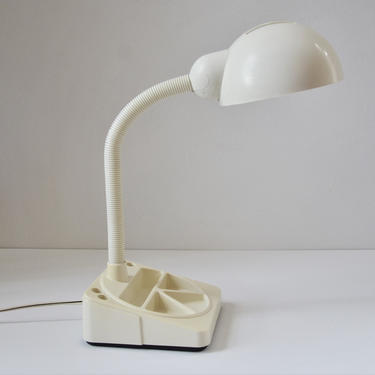 Vintage White &amp; Black Plastic Gooseneck Desk Task Lamp with Storage Caddy Base, circa 1980s 