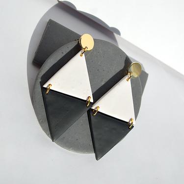 Modern Black and White Double Triangle Clay Earrings 