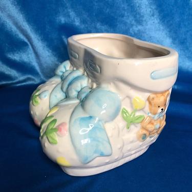 Vintage Nursery Planter, 1950s Kitsch Ceramic Booties with Baby Blue Bows, Teddy Bears and Flowers, Baby Shower 