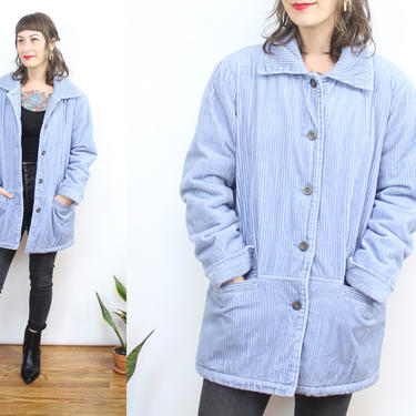 Vintage 90's Powder Blue Corduroy Lined Chore Coat / 1990's Baby Blue Market jacket / Fuzzy Lined / Women's Size Small Medium 