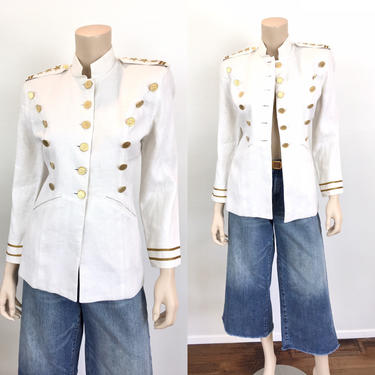 Vintage Military Style White Linen &amp; Gold Coin Buttons Fitted Blazer Jacket 