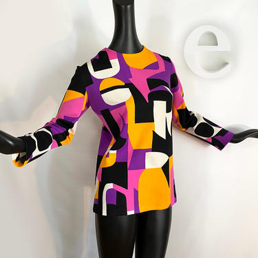 Ultra MOD Vintage 1960s Tunic Top! • Groovy Psychedelic Neon Geometric Laugh-In Print • Twiggy • 60s 70s • Hippie Boho Party • Stretch 