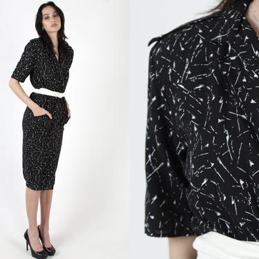 Black Striped Pencil Dress With Pockets / Vintage 80s Abstract Graphic / White Paint Splatter Wiggle / Skinny Cigarette Midi Mini Dress 