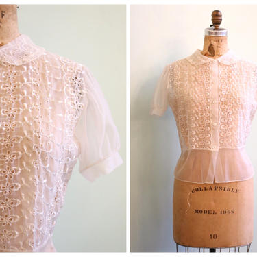 Vintage 1950's Sheer White Embroidered Blouse | Size Medium 