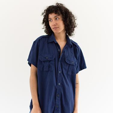 Vintage True Blue Short Sleeve Shirt | Overdye Flap Pocket Simple Blouse | Cotton Work Shirt | L XL | 