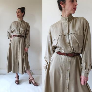 Vintage 80s Silk Safari Dress/ 1980s Kahki Long Sleeve Midi Dress/ Size Medium 