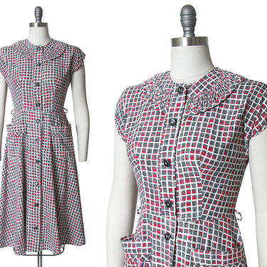 Vintage 1940s 1950s Dress | 40s 50s Printed Cotton Shirt Dress Red Grey Shirtwaist Full Skirt Day Dress (small) 