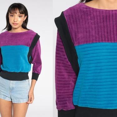 80s Velour Sweatshirt -- Turquoise Color Block Sweater Slouchy Purple Black Pullover Shirt 1980s Sweatshirt Extra Small xs 